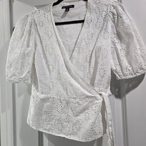 INC International Concepts White Eyelet Wrap Blouse